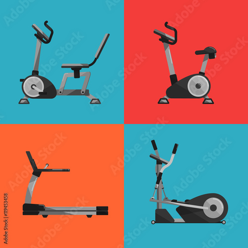 Vector illustration of gym sports equipment icons set. Treadmill, elliptical cross trainer, exercise bikes on color background. Cardio running exercise. Active sport lifestyle.
