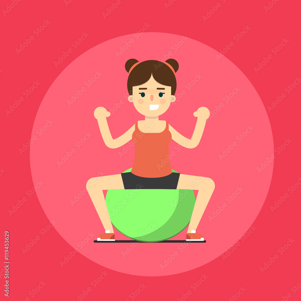 Smiling young girl doing exercises with fit ball, vector illustration in flat style. Healthy lifestyle. Fitness people. Workout and gymnastics. Cartoon character isolated on red background. Smiling young girl doing exercises with fit ball, vector illustration in flat style. Healthy lifestyle. Fitness people. Workout and gymnastics. Cartoon character isolated on red background.