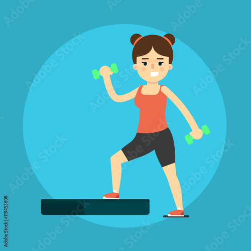 Smiling young girl doing exercises with dumbbells and step board, vector illustration. Healthy lifestyle. Fitness people. Workout and gymnastics. Cartoon character isolated on blue background.