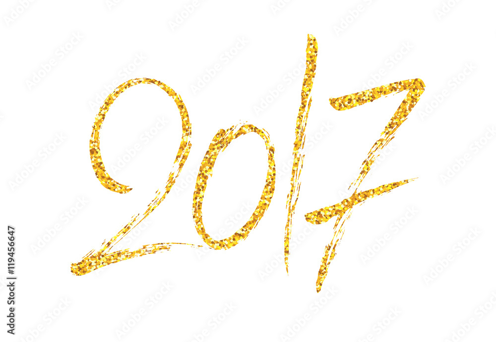 Happy New Year of the Rooster greeting card design template with gold glittering texture and chinese calligraphy text 2017 isolated on white background. Vector illustration with typography Happy New Year of the Rooster greeting card design template with gold glittering texture and chinese calligraphy text 2017 isolated on white background. Vector illustration with typography