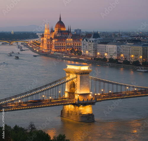 Chain Bridge and Parliament in Budapest at twilight  Hungary