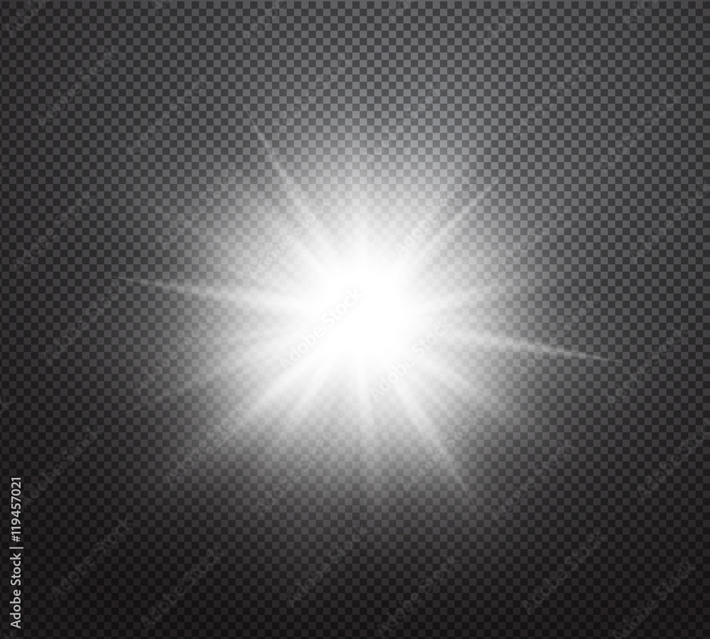 Realistic sun with beams or lens flare isolated on checkered background. Special vector light effect with transparency