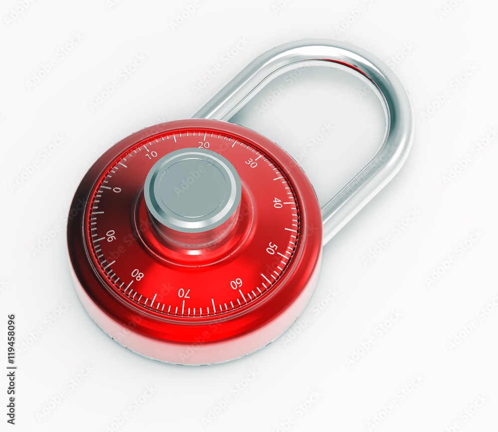 Red 3D chrome locked pad lock on a white background Red 3D chrome locked pad lock on a white background