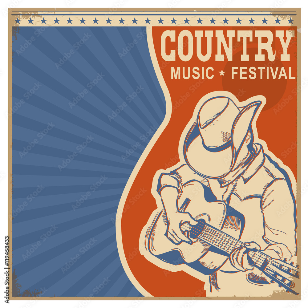 Plakat Muzyka country tle retro plakat z mężczyzną w kowbojskim kapeluszu