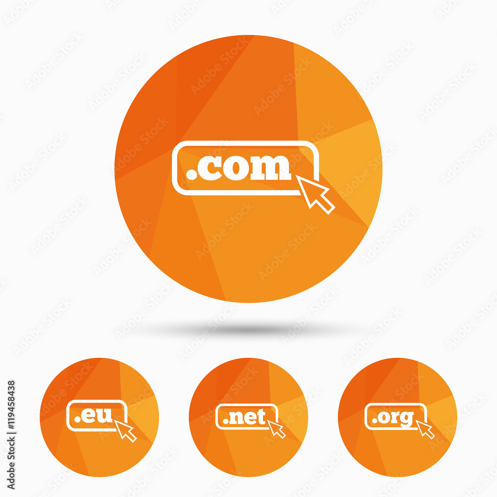 Top-level domains signs. Com, Eu, Net and Org. Top-level domains signs. Com, Eu, Net and Org.
