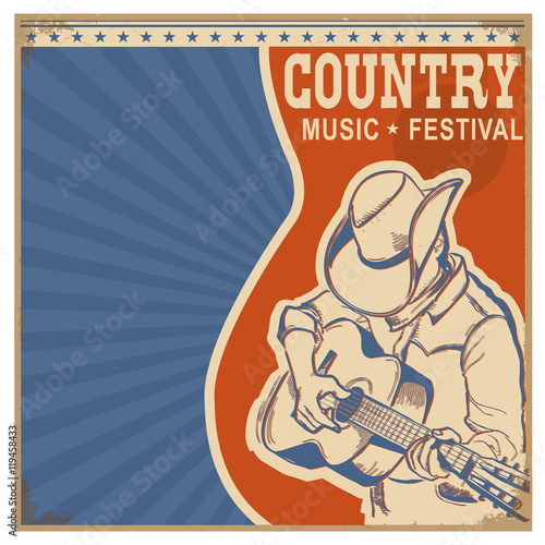  Country music background retro poster with man in cowboy hat an