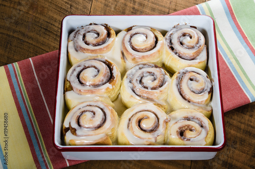 Pan of fresh cinnamon rolls photo