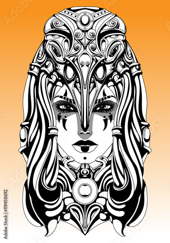 shaman woman with a mask in the form of crow skull