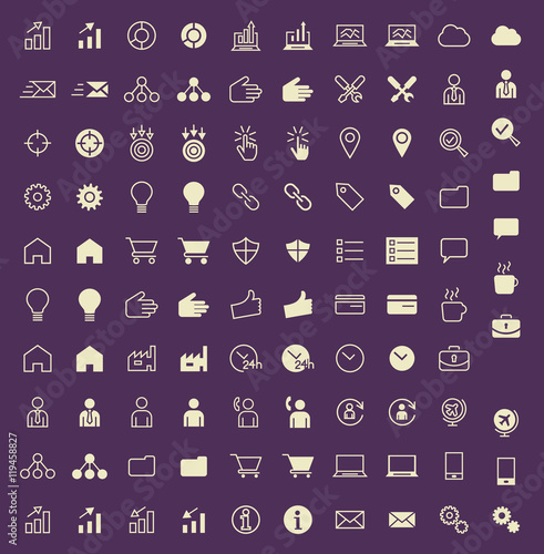 Set of 100 Business and SEO Minimal and Solid Icons. Vector Isolated Elements.