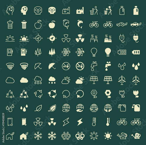 Set of 100 Ecology Minimal and Solid Icons. Vector Isolated Elements.