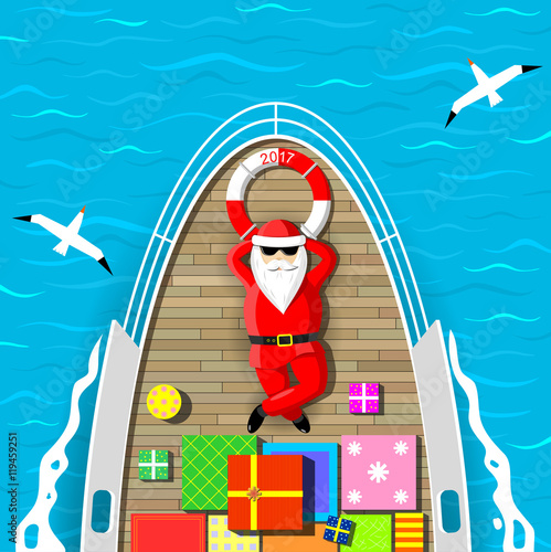 Santa Claus is swimming on a yacht lying on the deck with a bunch of gift boxes. Sea waves and seagulls around. Vector graphics.