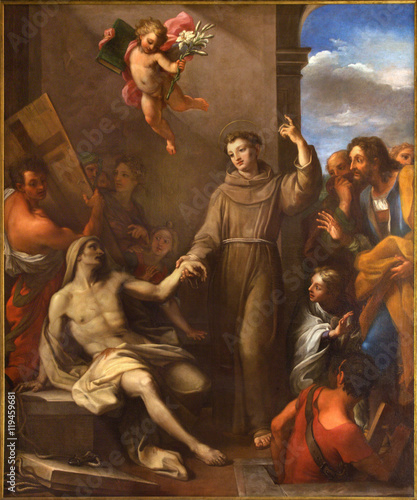ROME, ITALY - MARCH 9, 2016: The painting St. Anthony of Padua raises a man from the death in church Chiesa di San Silvestro in Capite by Giuseppe Chiari (1695 - 1696).