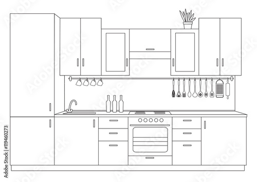 Architectural linear sketch interior small kitchen front view 