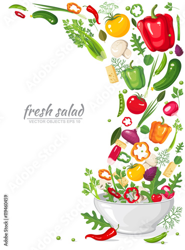 Frame of fresh, ripe, delicious vegetables in vegan salad isolated on white background