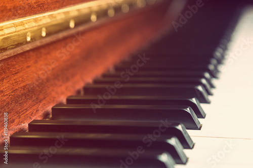 Close up of piano keys in vintage retro color style