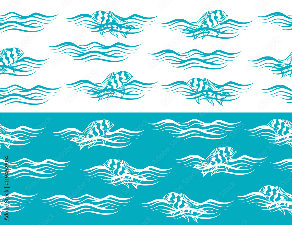 Ocean seamless borders with fish in the waves. Vector illustration Ocean seamless borders with fish in the waves. Vector illustration