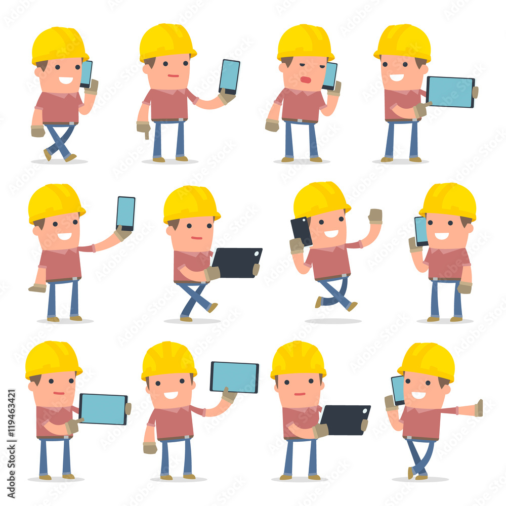 Set of Smart and Funny Character Builder holding mobile phone Set of Smart and Funny Character Builder holding mobile phone