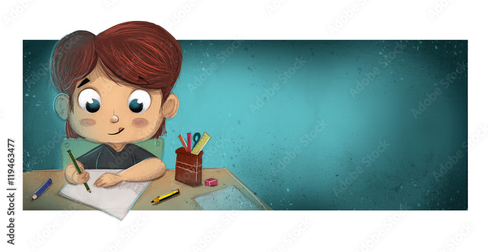 Niño escribiendo y estudiando sentado en la mesa Niño escribiendo y estudiando sentado en la mesa