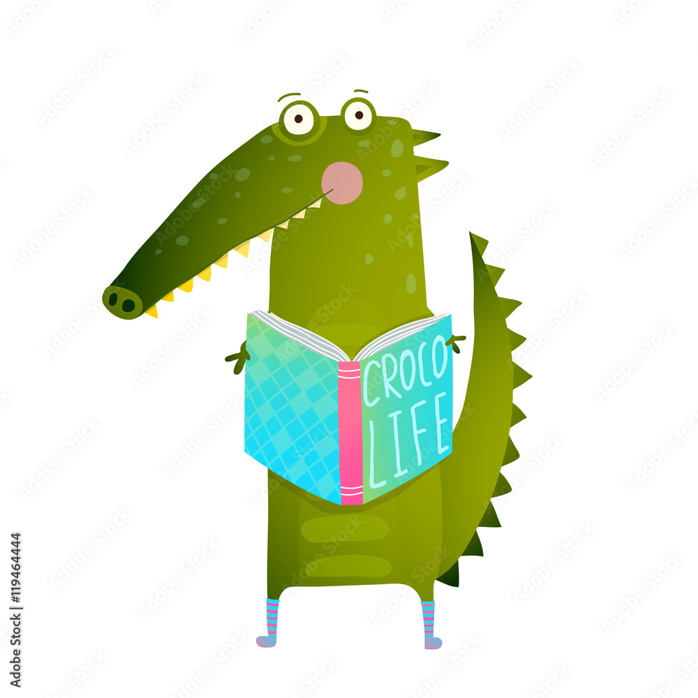 Fototapeta premium Childish Student Crocodile Reading Book and Study