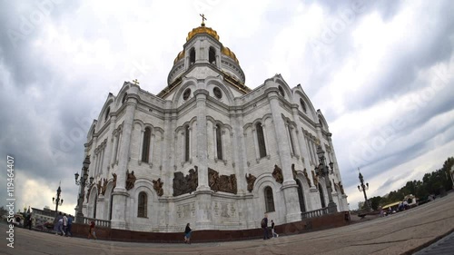 The storm clouds floating over the Cathedral of Christ the Saviour. Fisheye. Time-lapse. UHD - 4K. August 30, 2016. Moscow. Russia