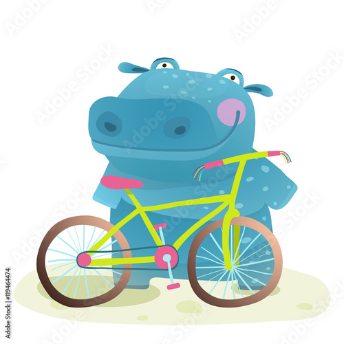 Kid Cute Hippo with Bicycle Childish Cartoon
