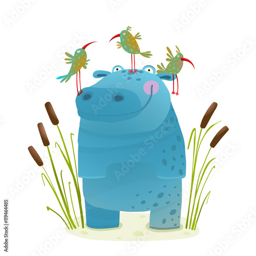 Wildlife Hippo with Cute Birds Smiling Kids Friends