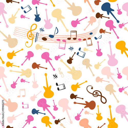 Seamless Music Background. Vector Stave Seamless Pattern with Retro Colorful Guitars. Cover Design Notes and Staff Seamless Illustration on White Background.