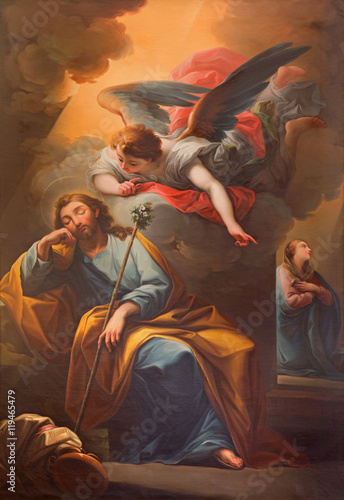 SEGOVIA, SPAIN, APRIL - 14, 2016: The vision of angel to St. Jospeh in the dream painting in Catedral by unknown artist of 19. cent.