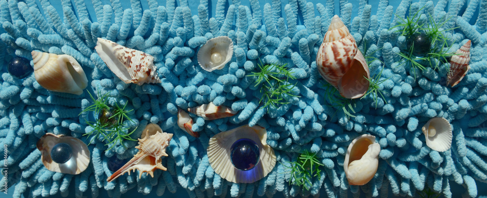 Fototapeta premium Sea shell abstract design on a textured turquoise blue backgrou