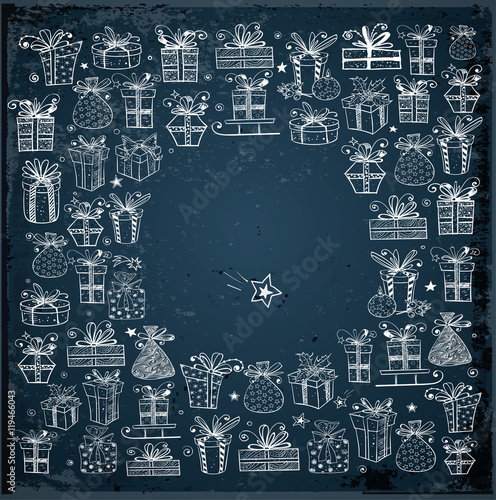 Card with gift boxes on dark blue night background. Hand-drawn doodle sketch illustration with place for your text.