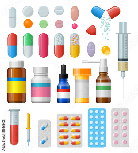 Set of vector pills and capsules. Icons of medicament. Tablets in blisters: painkillers, antibiotics, vitamins and aspirin. Pharmacy and drug symbols. Medical illustration on white background.