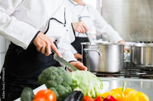 Team von Köchinnen beim Zubereiten von Gerichten in einer Kantinen-Küche photo