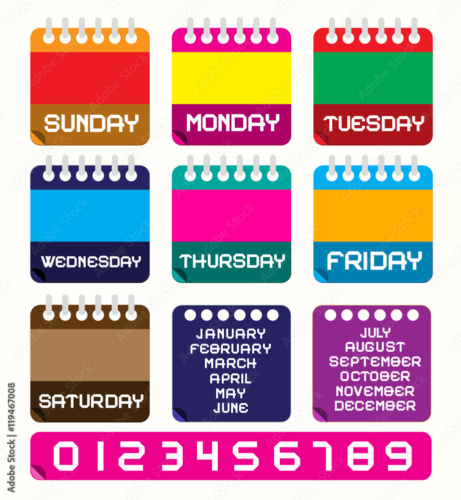 Calendar Set. Vector Retro Colorful Paper Calendars Template, Layout with Weekdays - Months and Numbers. Perfect for Original Design Projects.