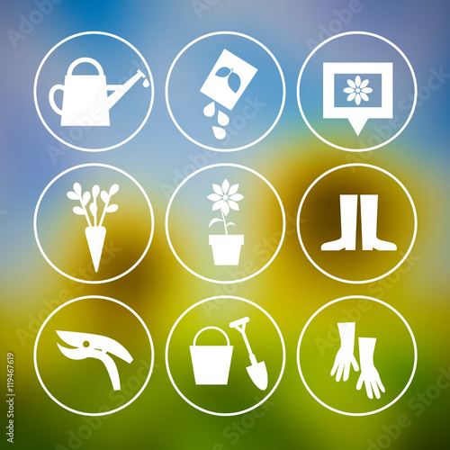 Garden Tools Icons on Blurred Background