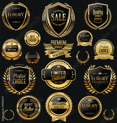 Golden sale shields laurel wreaths and badges collection 