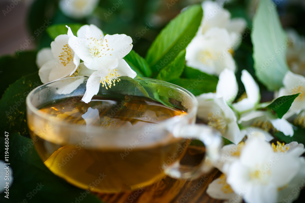 Jasmine tea in a glass pot