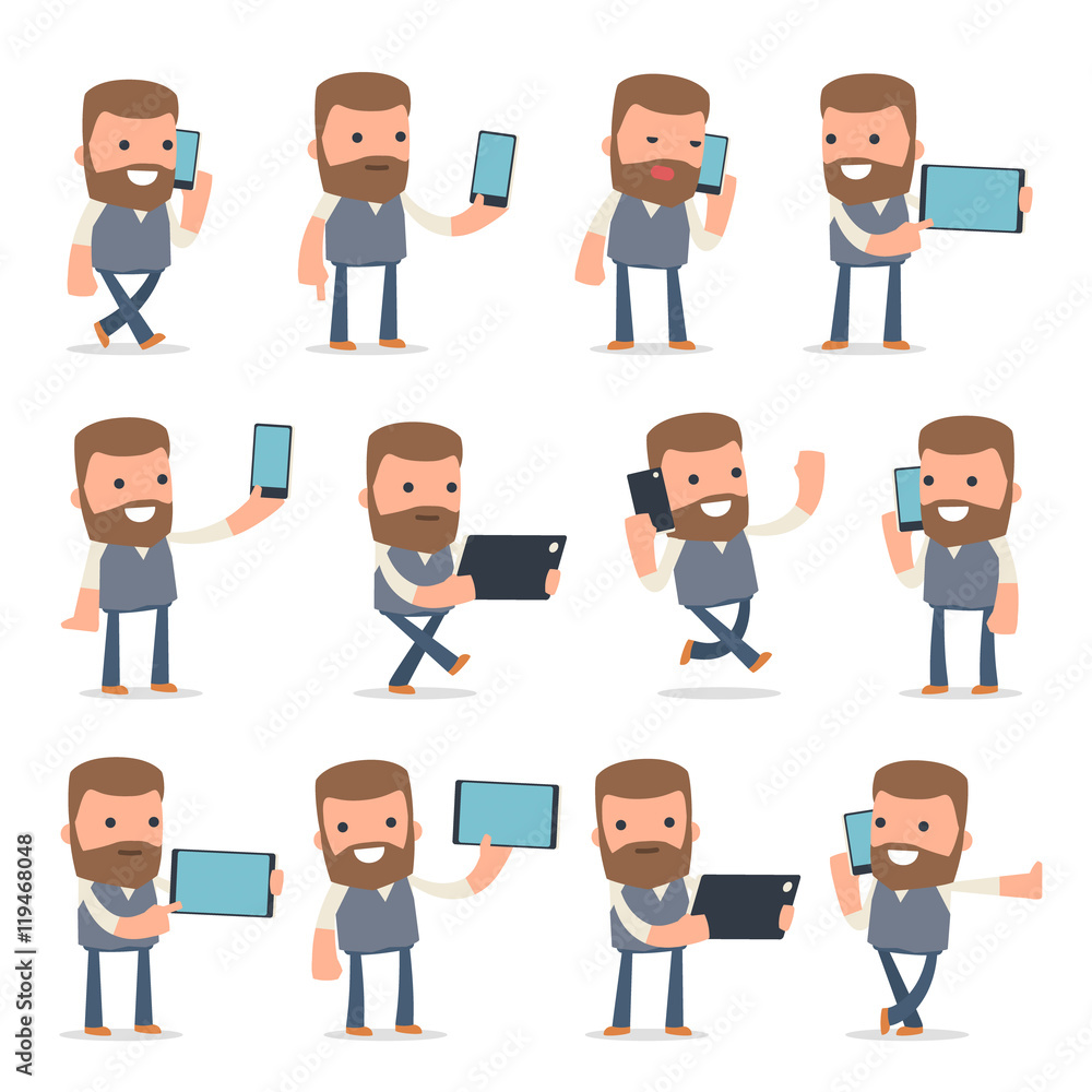 Set of Smart and Funny Character Copywriter holding mobile phone