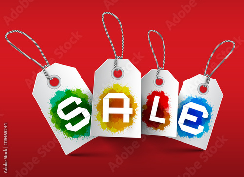 Sale Tags. Vector Business Labels with Strings and Colorful Splashes on Red Background.