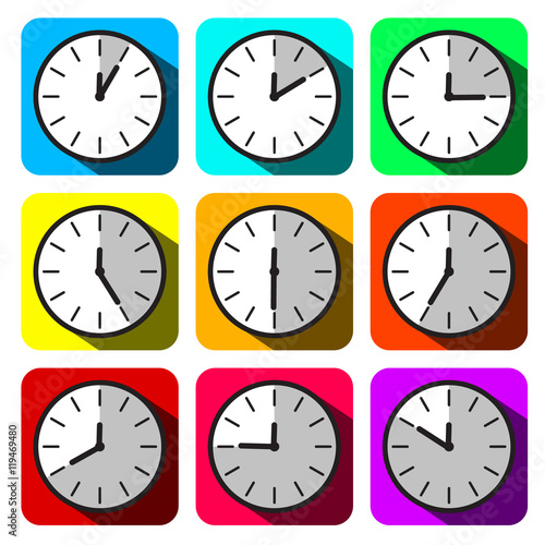 Vector Clock Set. Colorful Hour Flat Design Clock Face Icons.