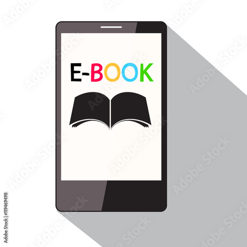 E-Book Title on Cell Phone Screen. Flat Design Vector Smartphone e-book Icon.