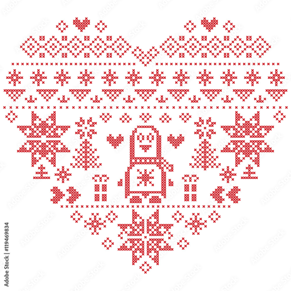 Heart Shape Scandinavian Printed Textile style and inspired by Norwegian Christmas and festive winter seamless pattern in cross stitch with Christmas tree, snowflakes, Penguins, hearts on white Heart Shape Scandinavian Printed Textile style and inspired by Norwegian Christmas and festive winter seamless pattern in cross stitch with Christmas tree, snowflakes, Penguins, hearts on white