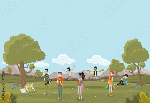 Cartoon teenagers on beautiful park. Nature landscape.
