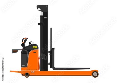 Electric reach stacker forklift on a white background. Flat vector