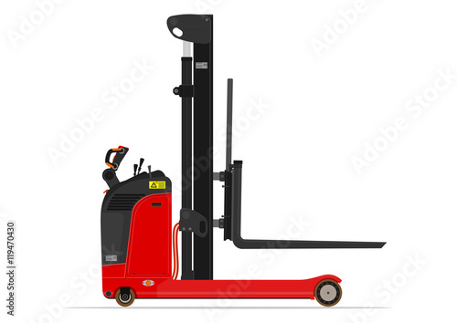 Electric reach stacker forklift on a white background. Flat vector photo