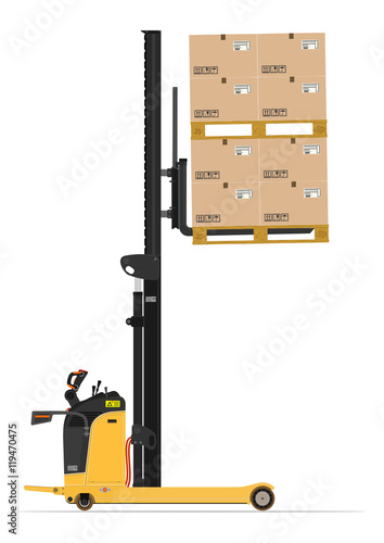 Electric reach stacker forklift on a white background. Flat vector