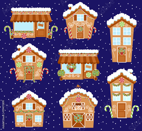 Set of Cute Vector Holiday Gingerbread Houses, Shops and Other Buildings with Snow