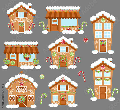 Set of Cute Vector Holiday Gingerbread Houses, Shops and Other Buildings with Snow