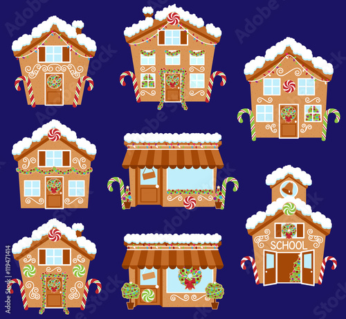 Set of Cute Vector Holiday Gingerbread Houses, Shops and Other Buildings with Snow