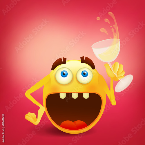 Funny laughing smiley yellow face with glass of wine Stock Vector | Adobe  Stock