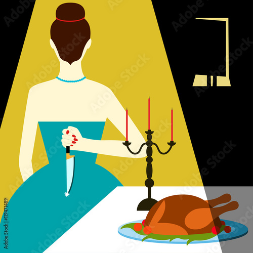 Bad housewife Vector illustration Woman with knife behind his back meets guest at the dinner table